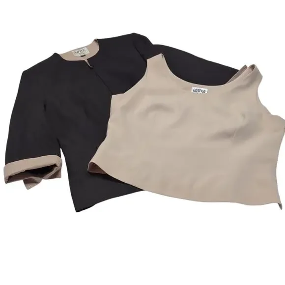 VTG Kasper Suit Jacket / Top Blouse Set Women's 14P 14 Petite Black Tan Career - Picture 3 of 16